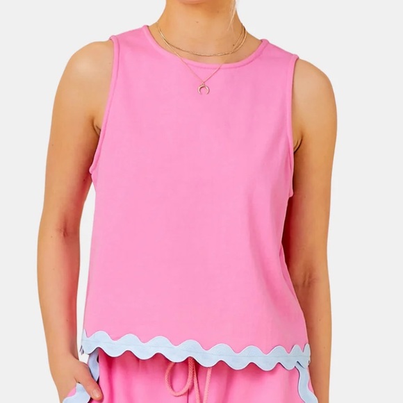 Womens Main Strip Set Shirt and Pants Ric Rac Trim  Pink and Blue Cozy Medium - Picture 2 of 10